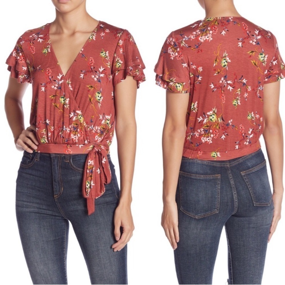 June & Hudson Nordstrom Floral Faux Wrap Top in Rosewood Size M